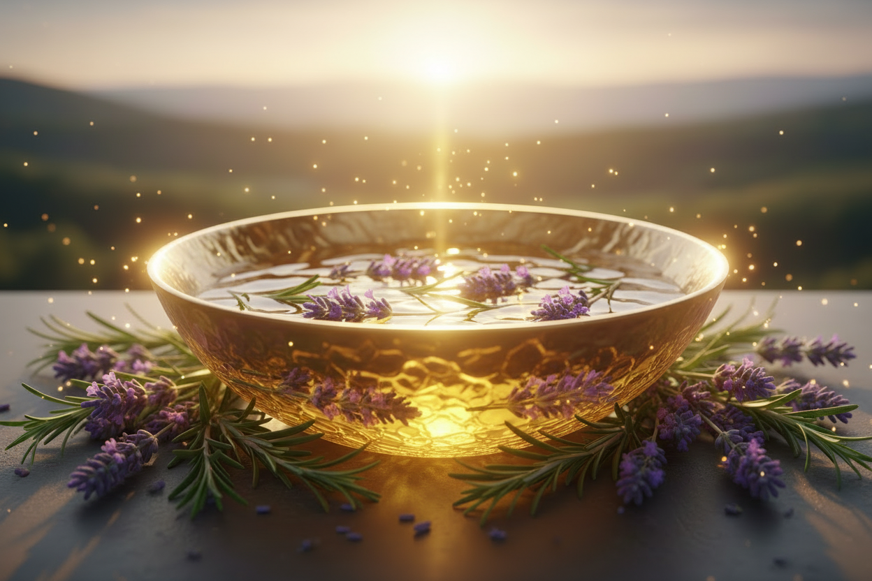 Golden bowl with floating lavender and rosemary